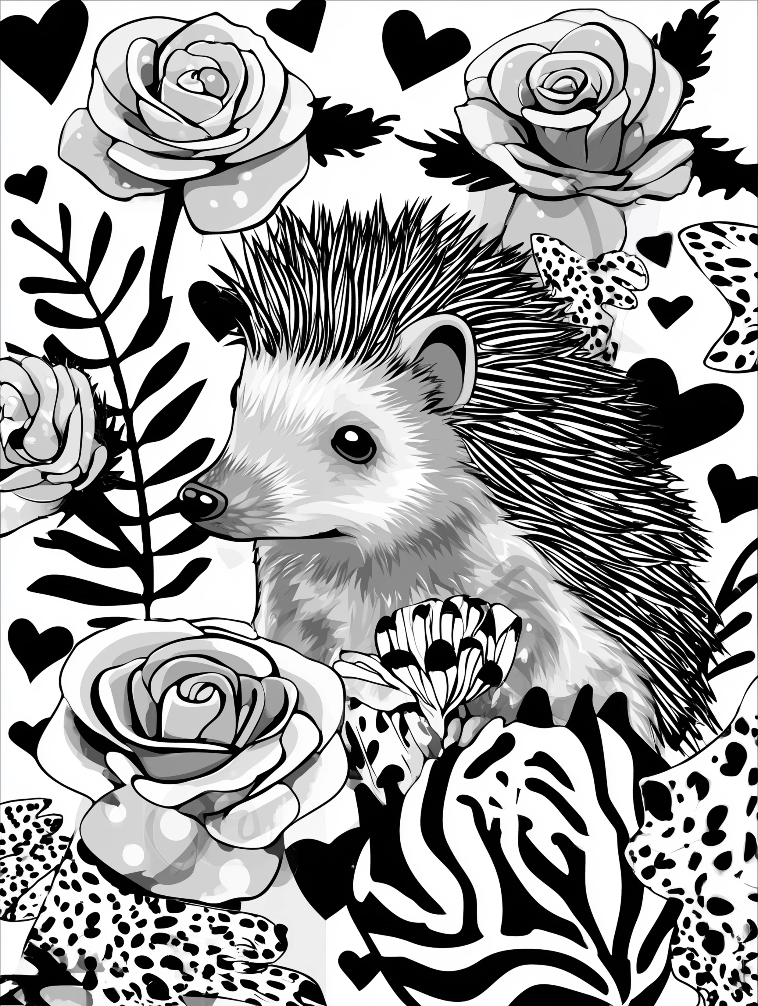 Free printable zoo coloring sheet featuring a hedgehog with flowers